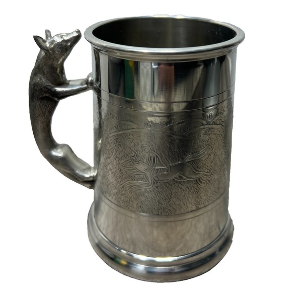 Vtg English Pewter Sheffield England Tankard Stein Horse & Fox Hunt Engraving - Picture 1 of 8